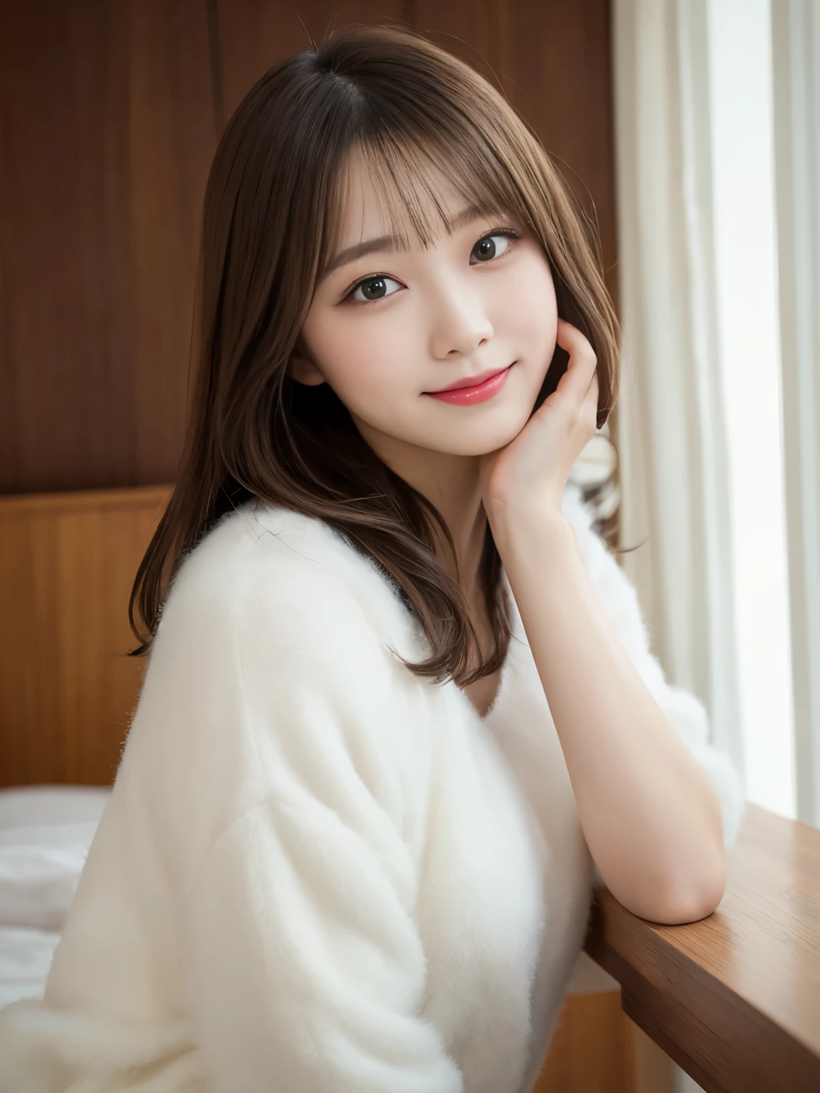 table top, highest quality, figure, super detailed, finely, High resolution, 8k wallpaper, Perfect dynamic composition, beautiful and fine eyes, white fluffy winter clothes, medium hair, natural color lip, bold sexy pose, smile, mansion(room, Bed), 20 year old girl, cute, sexy shot, looking at camera, perfect and beautiful face, Take a close-up photo of your face, Take only the face,