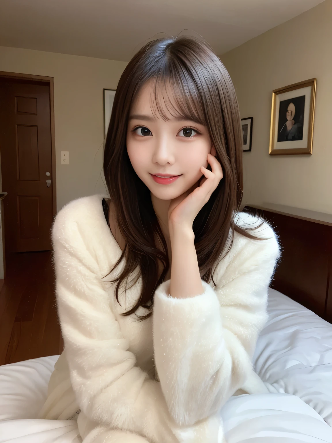 table top, highest quality, figure, super detailed, finely, High resolution, 8k wallpaper, Perfect dynamic composition, beautiful and fine eyes, white fluffy winter clothes, medium hair, natural color lip, bold sexy pose, smile, mansion(room, Bed), 20 year old girl, cute, sexy shot, looking at camera, perfect and beautiful face, Take a close-up photo of your face, Take only the face,