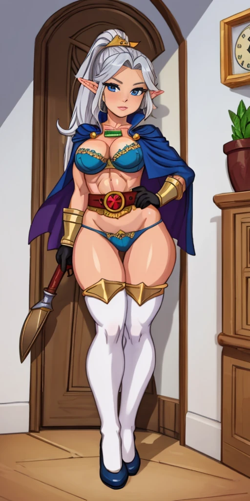 ((masterpiece, white background:1.2)) full body of a woman, standing feet together, extremely long hair, ponytail, perfect anatomy 1sologirl, tall slim thick ((muscular)) high elf toned body, silver breast plate, blue cape, slender abs, hourglass waist, detailed face, defined cheekbones, puffy lips, red gloves gauntlets, gold crown, shadow over eyes, looking at viewer view from below, white thigh highs lingerie