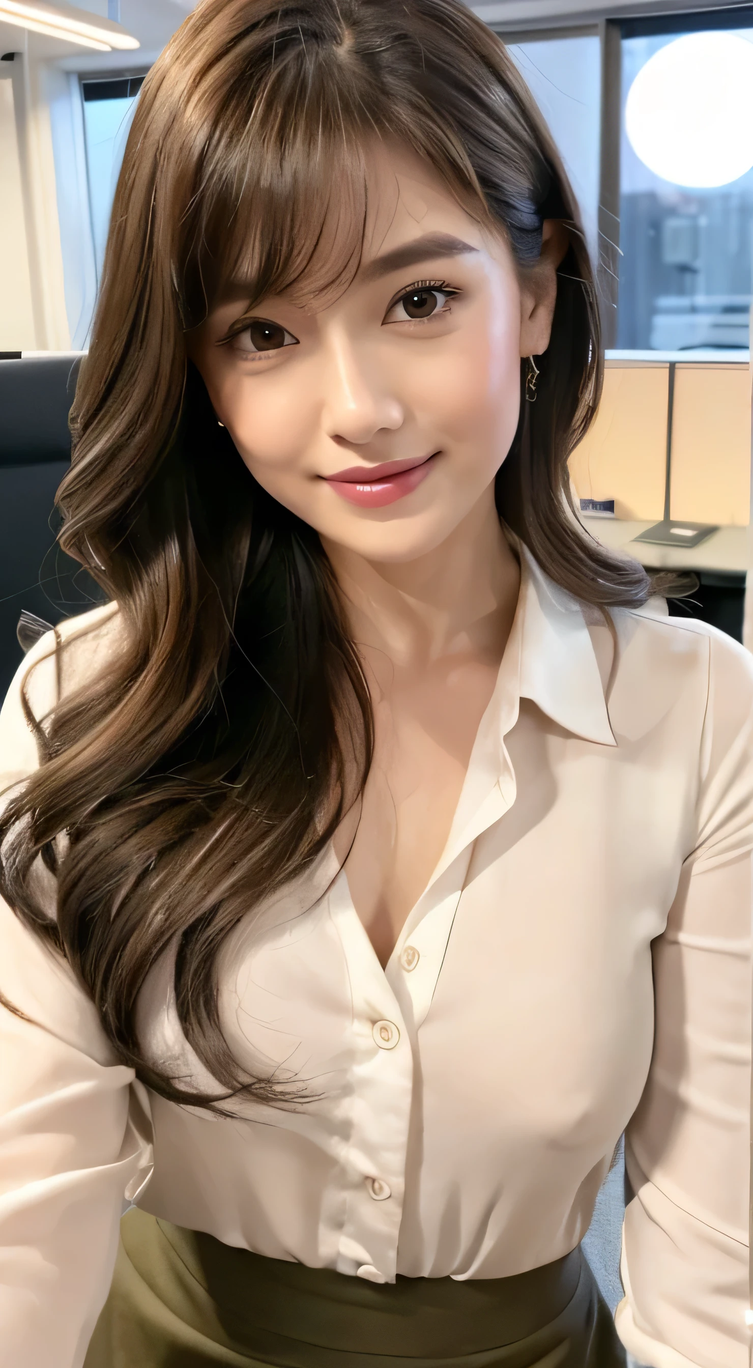 Beautiful detailed face、Pale skin、Realistic glowing skin、Detailed cloth texture、Detailed hair texture、Perfect body、Beautiful Face、correct、Anatomically correct、 Highly detailed face and skin texture、Natural neck length、(Beautiful Hands)、(Fair skin:1.2)、Thin legs、Thin legs、detailed eyes、Symmetrical eyes、Light brown eyes、double eyelid、Thin eyebrows、(Glossy Lips:1.4)、((Gentle smile:1.2))、(blush:1.1)、 (Elegant and cute girl:1.3)、Medium-sized large breasts、(Slim body type:1.1)、Toned Abs、Beautiful clavicle、 (Dark Blonde、Wavy Hair、Long Hair:1.2)、 ((Asymmetrical bangs:1.2))、 ((In a stylish office at night:1.4))、(Cowboy Shot:1.2)、standing gracefully、White long sleeve button up blouse_With collar_Remove up to the second button_Brown pleated mini skirt