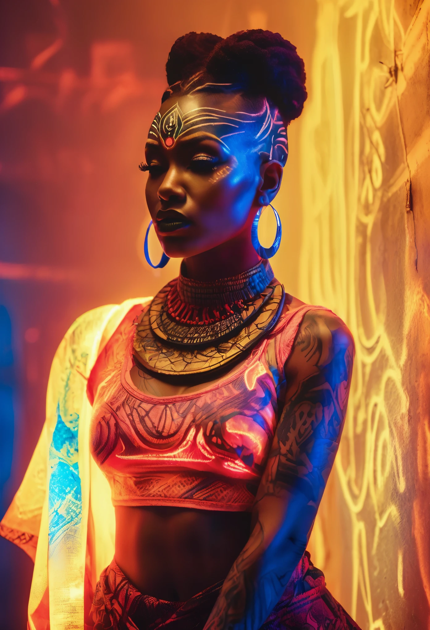 Black woman dressed in African designed clothes with neon lit glowing red and blue tattoos, standing in an empty place with tattoos lighting the scene, a yellow fog atmosphere in the scene, dim lit scene with only the tattoos shining in the scene, providing an atmospheric cinematic colour grading, 32k, 