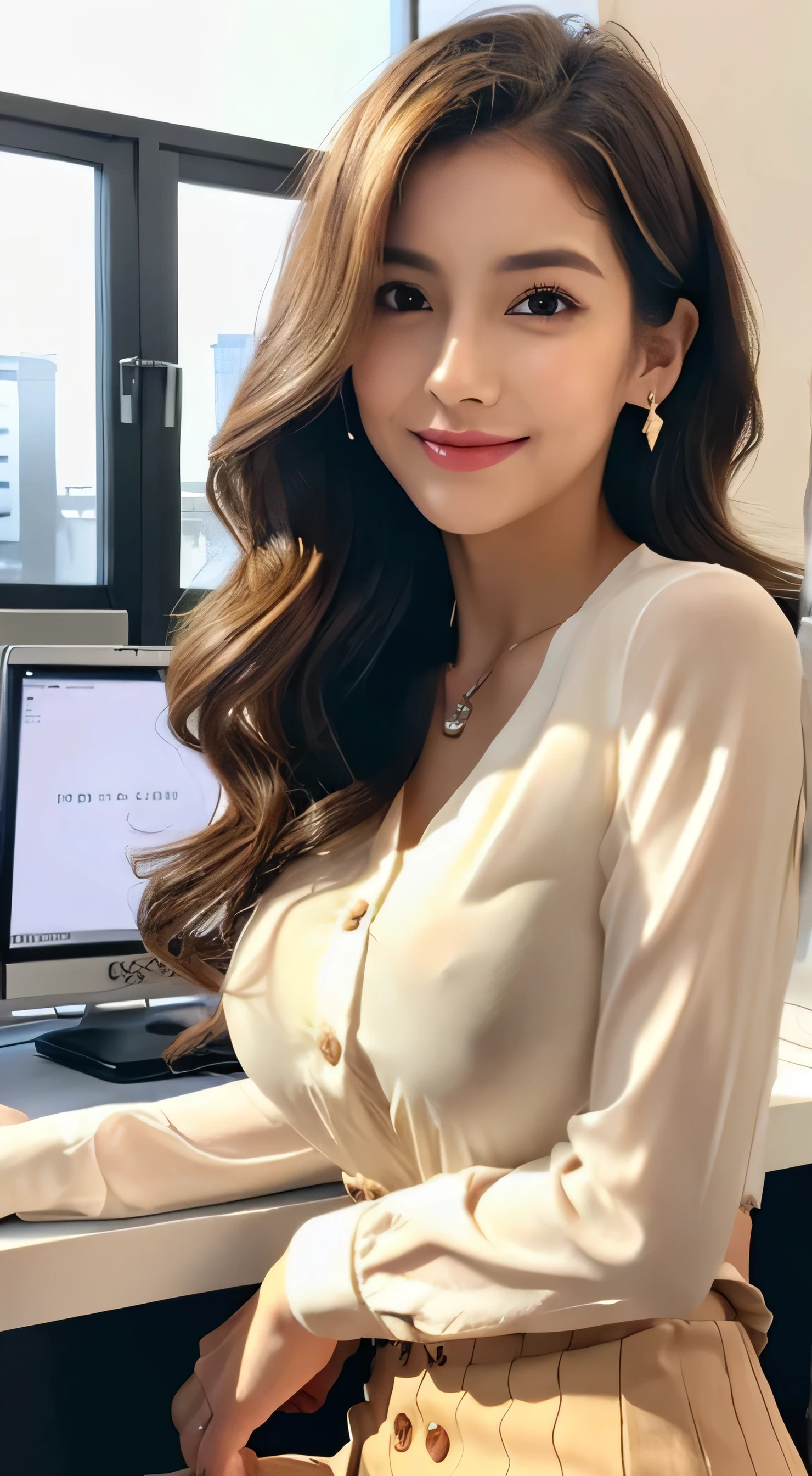 Beautiful detailed face、Pale skin、Realistic glowing skin、Detailed cloth texture、Detailed hair texture、Perfect body、Beautiful Face、correct、Anatomically correct、 Highly detailed face and skin texture、Natural neck length、(Beautiful Hands)、(Fair skin:1.2)、Thin legs、Thin legs、detailed eyes、Symmetrical eyes、Light brown eyes、double eyelid、Thin eyebrows、(Glossy Lips:1.4)、((Gentle smile:1.2))、(blush:1.1)、 (Elegant and cute girl:1.3)、Medium-sized large breasts、(Slim body type:1.1)、Toned Abs、Beautiful clavicle、 (Dark Blonde、Wavy Hair、Long Hair:1.2)、 ((Asymmetrical bangs:1.2))、 ((In a stylish office at night:1.4))、(Cowboy Shot:1.2)、standing gracefully、White long sleeve button up blouse_With collar_Remove up to the second button_Brown pleated mini skirt
