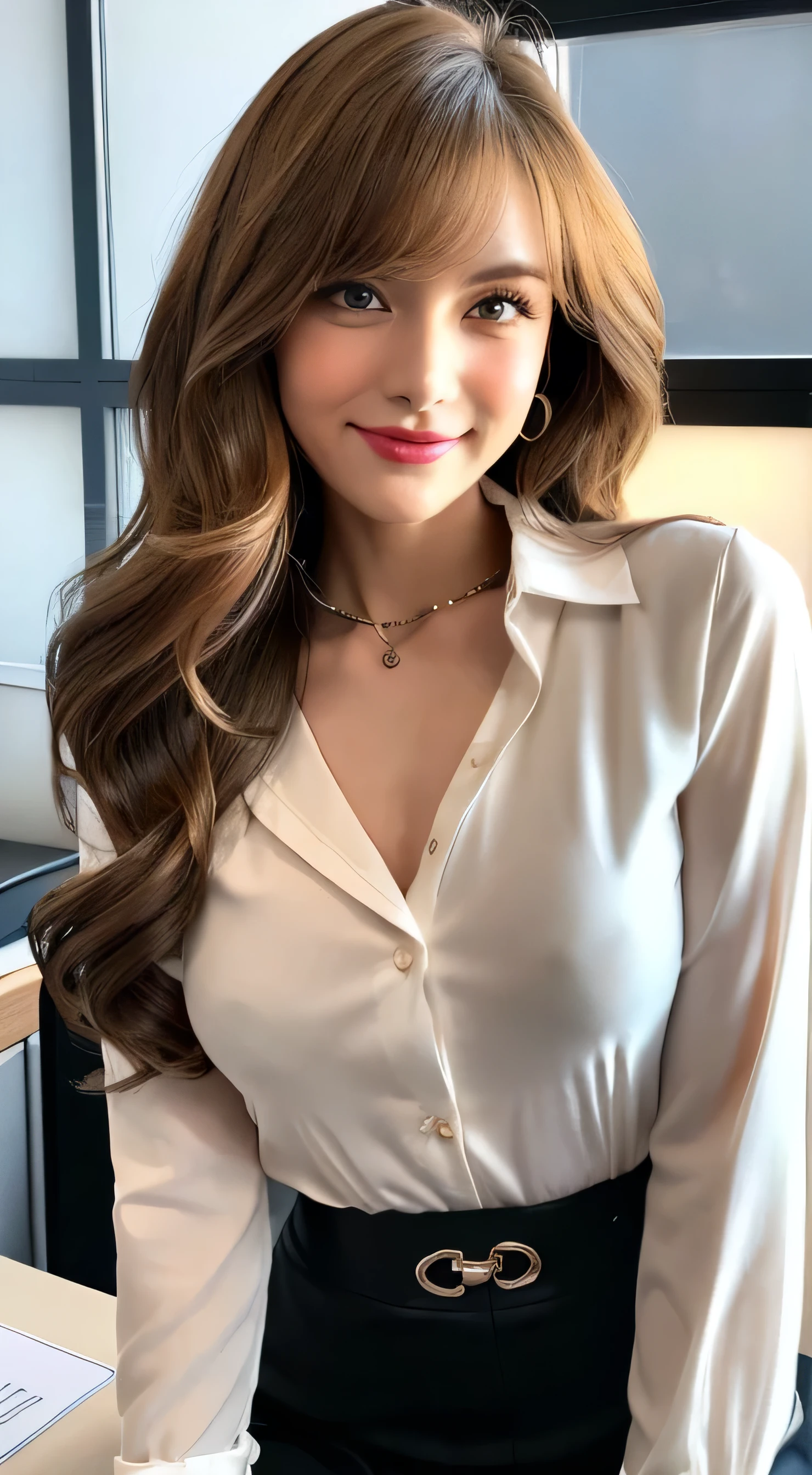 Beautiful detailed face、Pale skin、Realistic glowing skin、Detailed cloth texture、Detailed hair texture、Perfect body、Beautiful Face、correct、Anatomically correct、 Highly detailed face and skin texture、Natural neck length、(Beautiful Hands)、(Fair skin:1.2)、Thin legs、Thin legs、detailed eyes、Symmetrical eyes、Light brown eyes、double eyelid、Thin eyebrows、(Glossy Lips:1.4)、((Gentle smile:1.2))、(blush:1.1)、 (Elegant and cute girl:1.3)、Medium-sized large breasts、(Slim body type:1.1)、Toned Abs、Beautiful clavicle、 (Dark Blonde、Wavy Hair、Long Hair:1.2)、 ((Asymmetrical bangs:1.2))、 ((In a stylish office at night:1.4))、(Cowboy Shot:1.2)、standing gracefully、White long sleeve button up blouse_With collar_Remove up to the second button＿wearing blue flared mini skirt