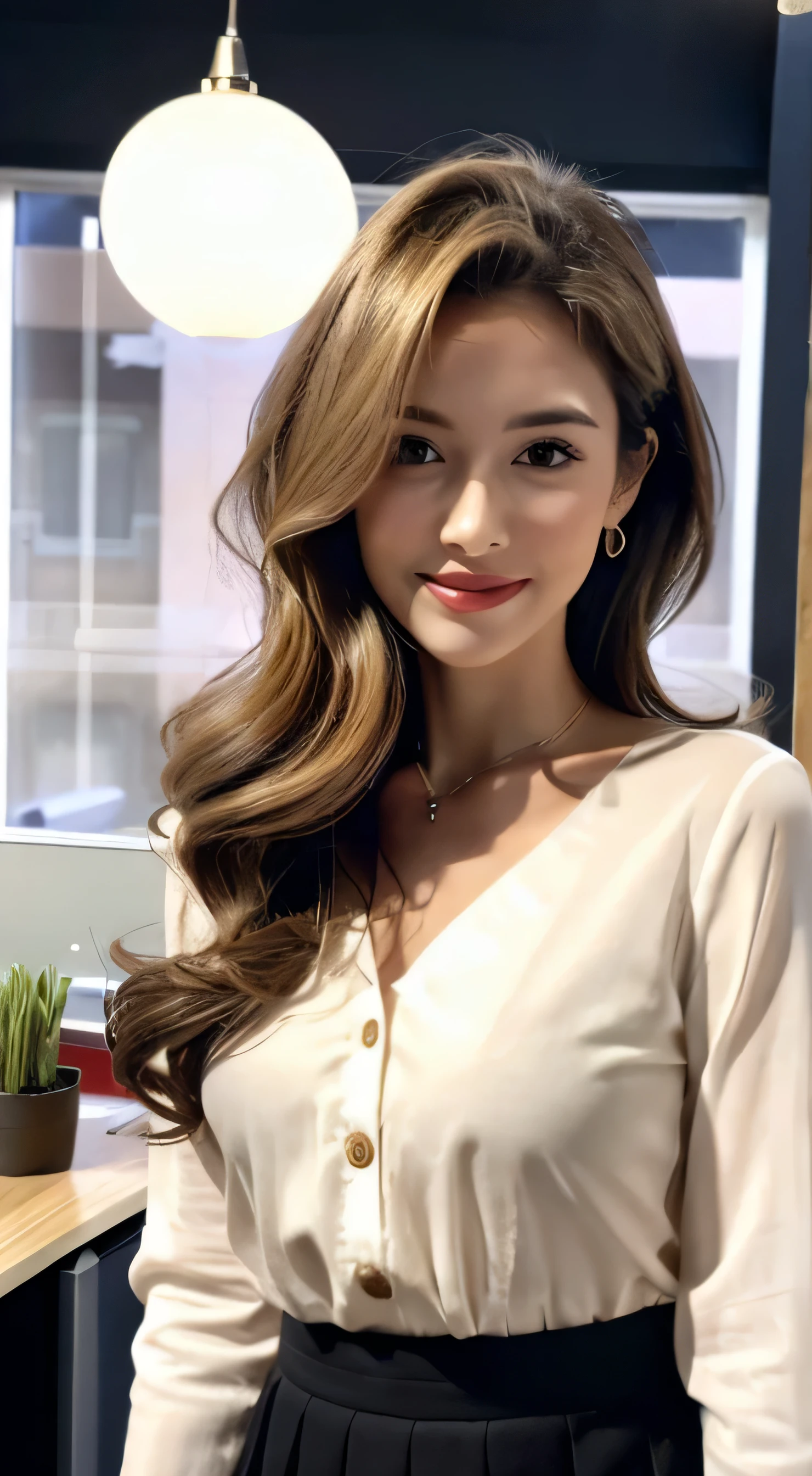 Beautiful detailed face、Pale skin、Realistic glowing skin、Detailed cloth texture、Detailed hair texture、Perfect body、Beautiful Face、correct、Anatomically correct、 Highly detailed face and skin texture、Natural neck length、(Beautiful Hands)、(Fair skin:1.2)、Thin legs、Thin legs、detailed eyes、Symmetrical eyes、Light brown eyes、double eyelid、Thin eyebrows、(Glossy Lips:1.4)、((Gentle smile:1.2))、(blush:1.1)、 (Elegant and cute girl:1.3)、Medium-sized large breasts、(Slim body type:1.1)、Toned Abs、Beautiful clavicle、 (Dark Blonde、Wavy Hair、Long Hair:1.2)、 ((Asymmetrical bangs:1.2))、 ((In a stylish office at night:1.4))、(Cowboy Shot:1.2)、standing gracefully、White long sleeve button up blouse_With collar_Remove up to the second button_wearing blue flared mini skirt