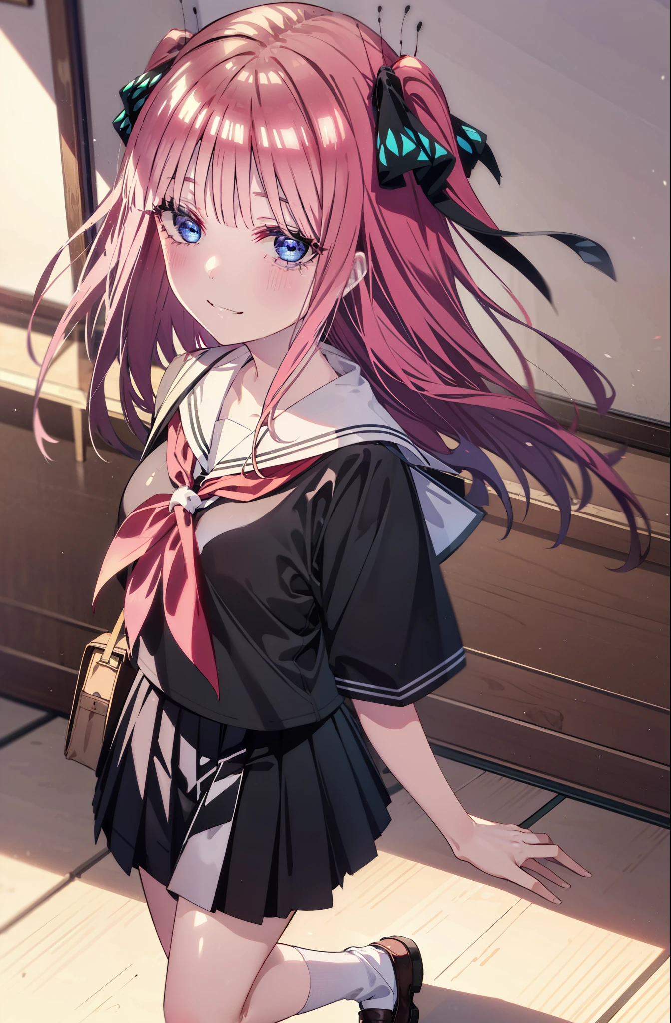 I was silent, nino nakano, Long Hair, bangs, blue eyes, hair ornaments, Hair Ribbon, Pink Hair, blunt bangs, Both sides up, butterfly hair ornaments,smile, Grin,Big Breasts,Japanese schoolgirl(Black Sailor Suit),Short sleeve,Black pleated skirt,White loose socks,Brown Loafers,Daytime,Clear skies,whole bodyがイラストが入るように,Looking down from above,School bag,
break indoors, Coffee shop,
break looking at viewer, whole body,
break (masterpiece:1.2), highest quality, High resolution, unity 8k wallpaper, (shape:0.8), (Beautiful details:1.6), Highly detailed face, Perfect lighting, Extremely detailed CG, (Perfect hands, Perfect Anatomy),