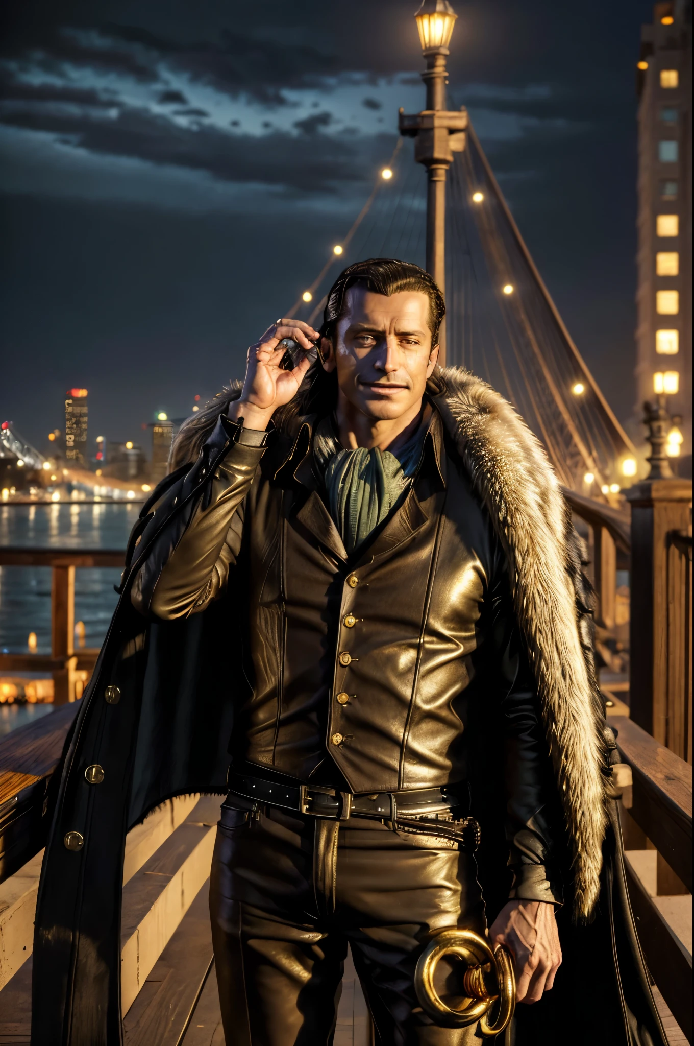 masterpiece, best quality, extremely detailed, hyperrealistic, photorealistic, a cool 40s man, ultra detailed face:1.2, fur-trimmed coat, scarf around the neck, his left hand is a golden pirate hook, cigar, in the night, city, bridge, river,, sly smile, dynamic pose
