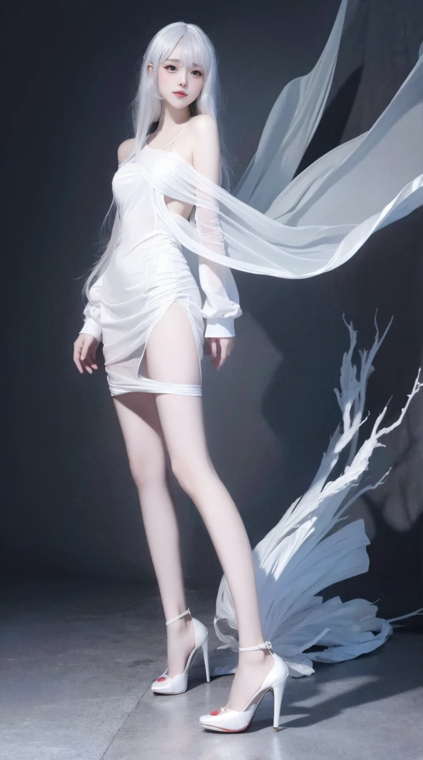 8K, Surrealism, masterpiece, best quality, Super detailed, high resolution, Random Background, 1 girl, (:1.5), Yao Liu, White Dress，Colored hair，translucent，whole body，High heel透明婚纱，High heel，whole body，Colorful