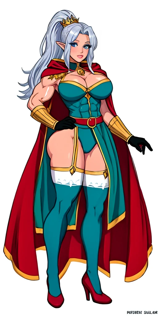 ((masterpiece, white background:1.2)) full body of a woman, standing feet together, extremely long hair, ponytail, perfect anatomy 1sologirl, tall slim thick ((muscular)) high elf toned body, silver breast plate, blue cape, slender abs, hourglass waist, detailed face, defined cheekbones, puffy lips, red gloves gauntlets, gold crown, shadow over eyes, looking at viewer view from below, white thigh highs lingerie