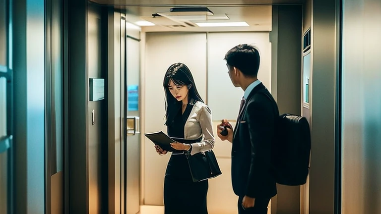 Arrival at the office building、Elevator、Inside the office。People at work Afternoon work、Important presentations and meetings。
picture: Preparing for your presentation、Meeting in the conference room、Serious expression。
atmosphere: Concentration and tension、sense of achievement。