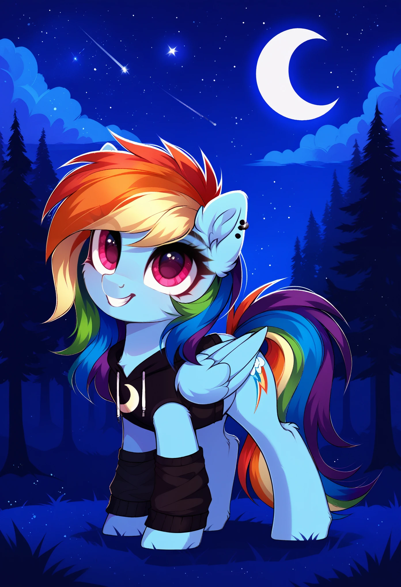 score_9, score_8_up, score_7_up, (rating_safe), solo, pony, rainbow dash, cute, adorable, wearing emo clothes, looking up, wing fluff, smiling, happy, full body, solo,g4,butt,crescent moon,digital art,dock,ear fluff,ethereal mane,2d, base, full body, full reference,piercings, curly hair, mlp style, pony fluffy, night, forest, galaxy, sky, stars, pencil sketch