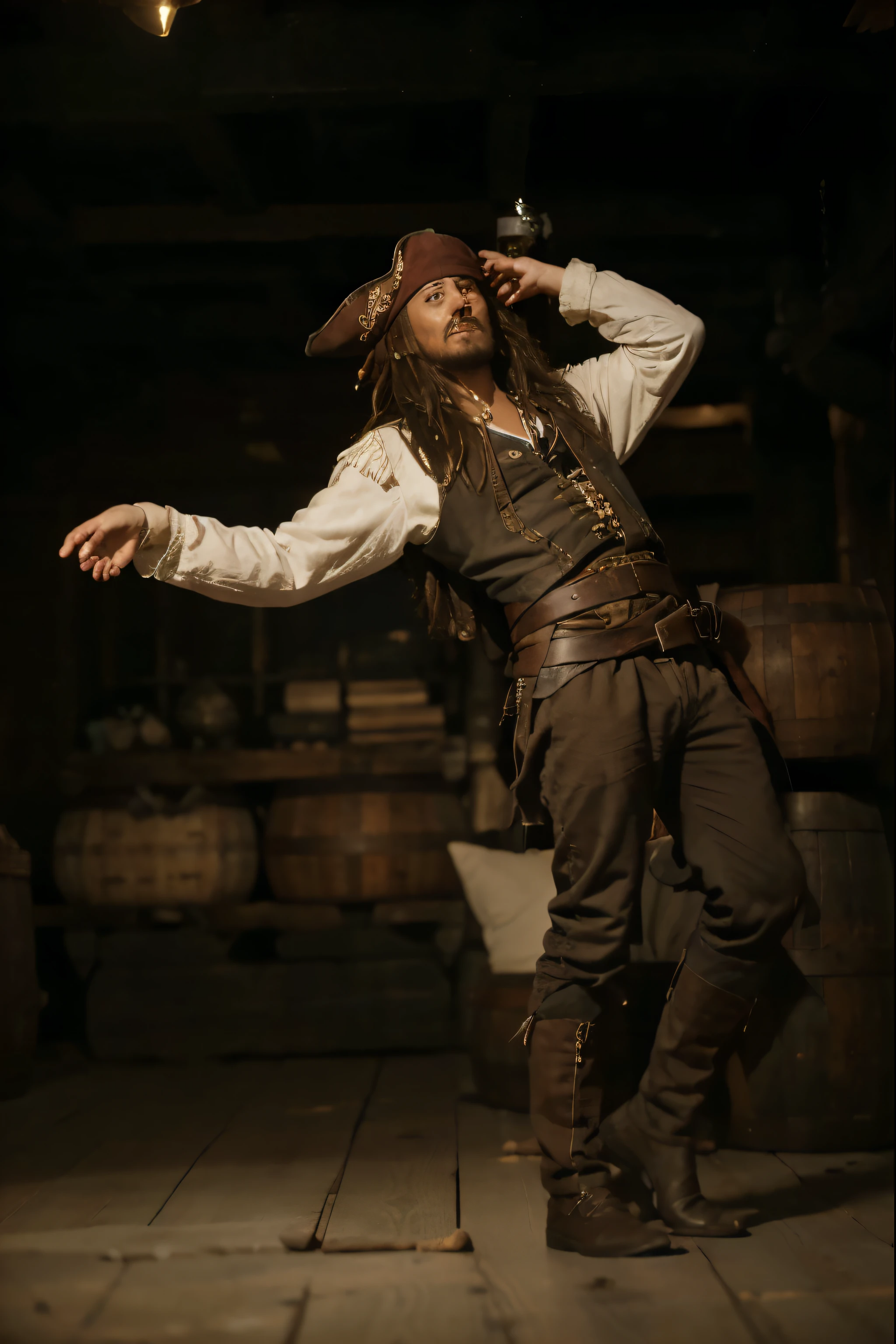 (Best quality, 8k, 32k, Masterpiece, UHD:1.2) "Imagine the iconic Black Pearl ship from the Pirates of the Caribbean movies. Describe a majestic and fearsome pirate ship with black sails that billow in the wind, giving it a ghostly and imposing presence on the high seas. The hull of the ship is dark and weathered, bearing the marks of countless battles and voyages across the treacherous waters.

The deck of the Black Pearl is bustling with activity, manned by a crew of rugged and weathered pirates, each with their own unique scars, tattoos, and outfits. The wooden planks of the deck creak underfoot, and the scent of saltwater and tar fills the air. Cannons line the sides of the ship, ready for battle, with piles of cannonballs and gunpowder barrels nearby.

At the helm, Captain Jack Sparrow stands, his distinctive tricorn hat perched on his head and a mischievous glint in his eye. The large, ornate ship’s wheel is within his grasp, guiding the vessel through both calm and stormy seas. The captain's quarters, located at the rear of the ship, are richly decorated with maps, charts, and a collection of peculiar artifacts gathered from Jack’s adventures.

Below deck, describe the dimly lit and cramped quarters where the crew sleeps in hammocks. The cargo hold is filled with crates of stolen treasures, barrels of rum, and supplies for their long journeys. The brig, with its sturdy iron bars, holds any unfortunate prisoners or mutinous crew members.

Highlight the sense of adventure and danger that permeates the Black Pearl, a ship that is both a home and a weapon for its pirate crew. The sails catching the moonlight, the sound of waves crashing against the bow, and the ever-present possibility of encountering enemy ships or mythical sea creatures all contribute to the ship's legendary status. ((pirate ship)) ((stormy weather))