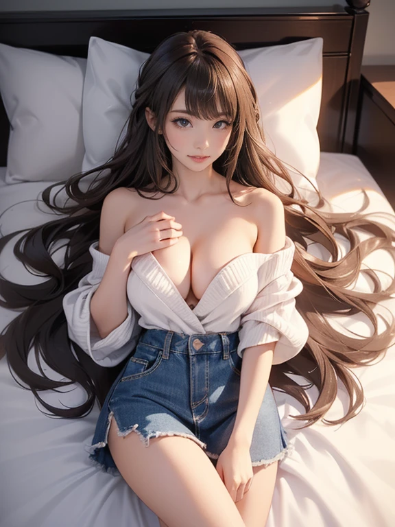 ((Extreme exposure))(High-definition image quality)極Realistic skin texture、High definition face(brown、Very long straight hair、Hair behind the ear、Beautiful moist brown hair、Smooth Hair)((Bright smile、Embarrassed expression))、Gaze(sexyな25歳の女の子、Idol Makeup、Eyeliner)(Fair skin)(Sparkling eyes)Smooth Skin、Realistic skin texture ((White knit off-the-shoulder、Short length、Cleavage、Super big boobs)) ((Extremely short denim miniskirt、damage、Super tight、small、Ultra low rise))))A well-proportioned and perfect body、Beautiful armpits、On the position of the chest、Round big breasts、Beautiful valley、Ultra-thin waist、Waistline、Long legs、Glitter High Heels((((On the hotel bed、Sleeping in bed))))(((((sexy、Medium full shot from directly above))))))