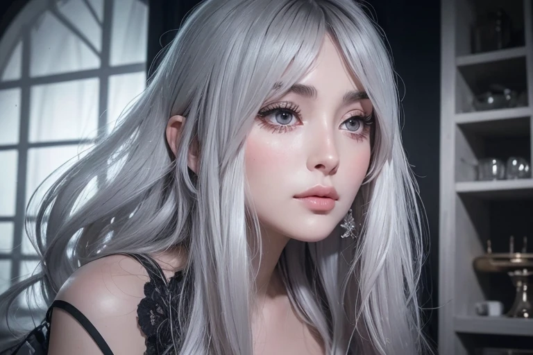 Dream atmosphere, ultra-detailed, young silver-haired girl (Sharon Tate), pale-gray hair (with hair fringe), very sensual, light eyes, bright pale skin, realistic shadows, in tight gothic clothes, big ass, thick legs, Wearing extremely tight black panties, pantyhose, wearing a mini blouse, textures realistic, very realistic, extremely sexy, 8K, 8K extremely detailed), (an extremely delicate and beautiful), (masterpiece), (best quality: 1.0), (ultra high resolution: 1.0) 