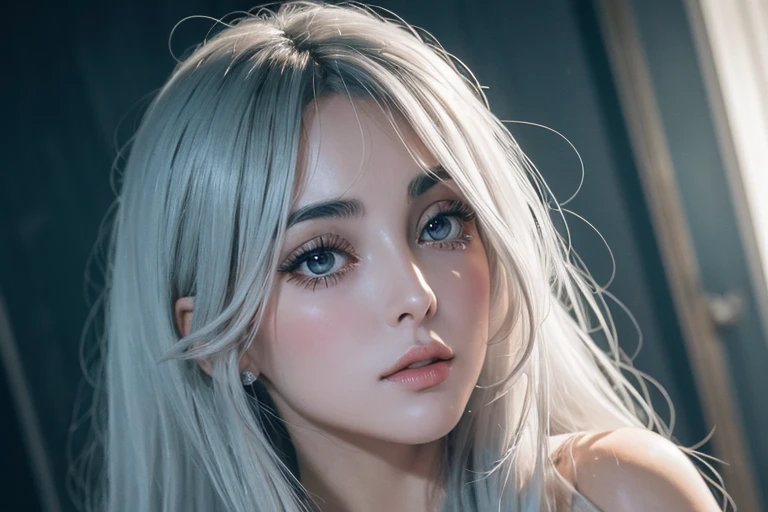 Dream atmosphere, ultra-detailed, young silver-haired girl (Sharon Tate), pale-gray hair (with hair fringe), very sensual, light eyes, bright pale skin, realistic shadows, in tight gothic clothes, big ass, thick legs, Wearing extremely tight black panties, pantyhose, wearing a mini blouse, textures realistic, very realistic, extremely sexy, 8K, 8K extremely detailed), (an extremely delicate and beautiful), (masterpiece), (best quality: 1.0), (ultra high resolution: 1.0) 