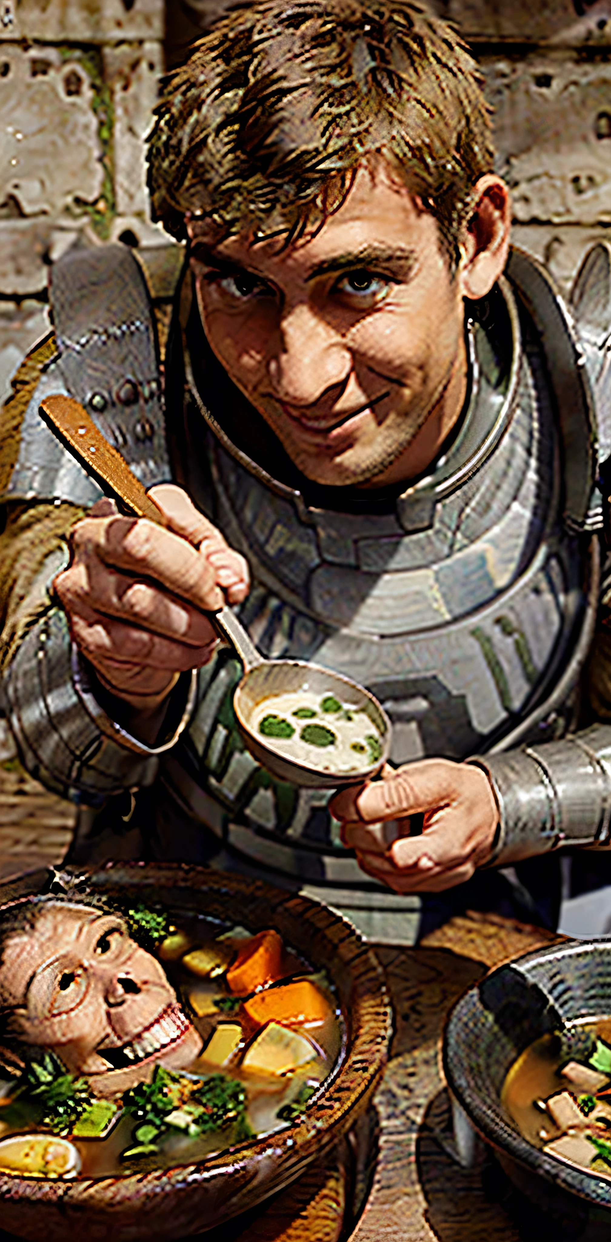 HDR, best quality, 1man, Laios Touden, dark blond hair, dark green eyes, looking at viewer, smiling, hand holding a spoon, spoon filled with soup, facing left side of the picture, visible from chest and above, plate armor, table has a plate filled with soup, (soup contents with a macaque skull floating), sopa de macaco