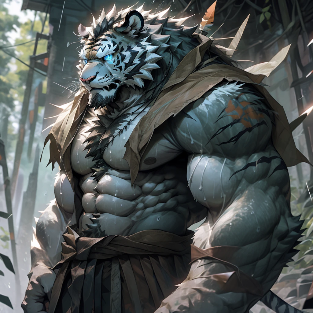sweaty muscular naked upper body rainy rain forest hairy anthropomorphic chest hair serious face(Scar on face) Mature (Blue eyes)Huge muscular ripped abs wild,Tiger of tribal ambition