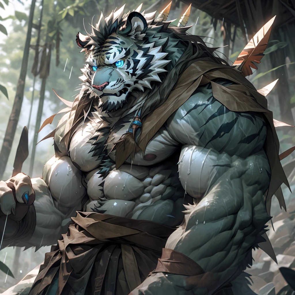 sweaty muscular naked upper body rainy rain forest hairy anthropomorphic chest hair serious face（Scar on face） Mature （Blue eyes）Huge muscular ripped abs wild，Tiger of tribal ambition