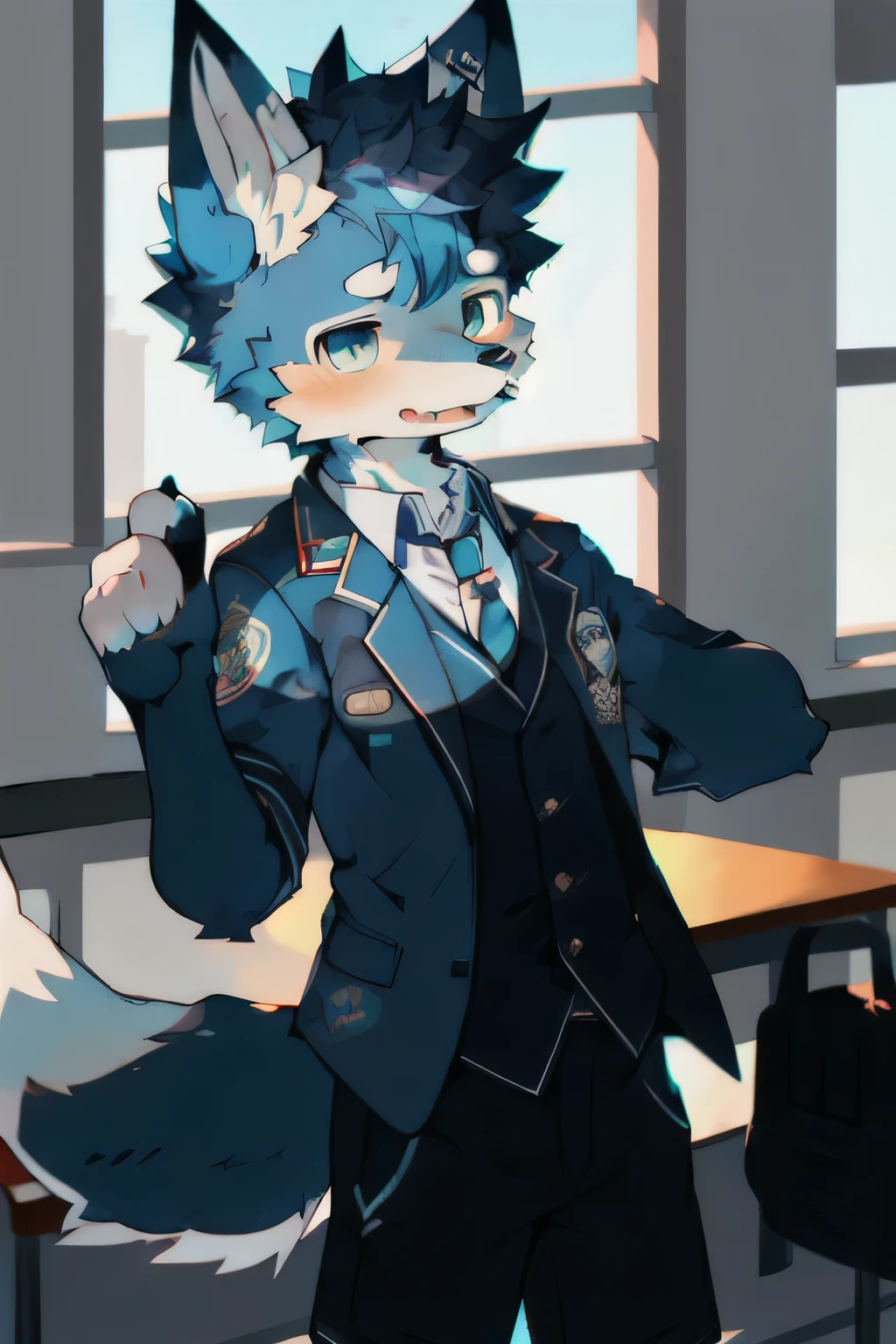 Blue fur, canine, fox motif, boy, uniform, school