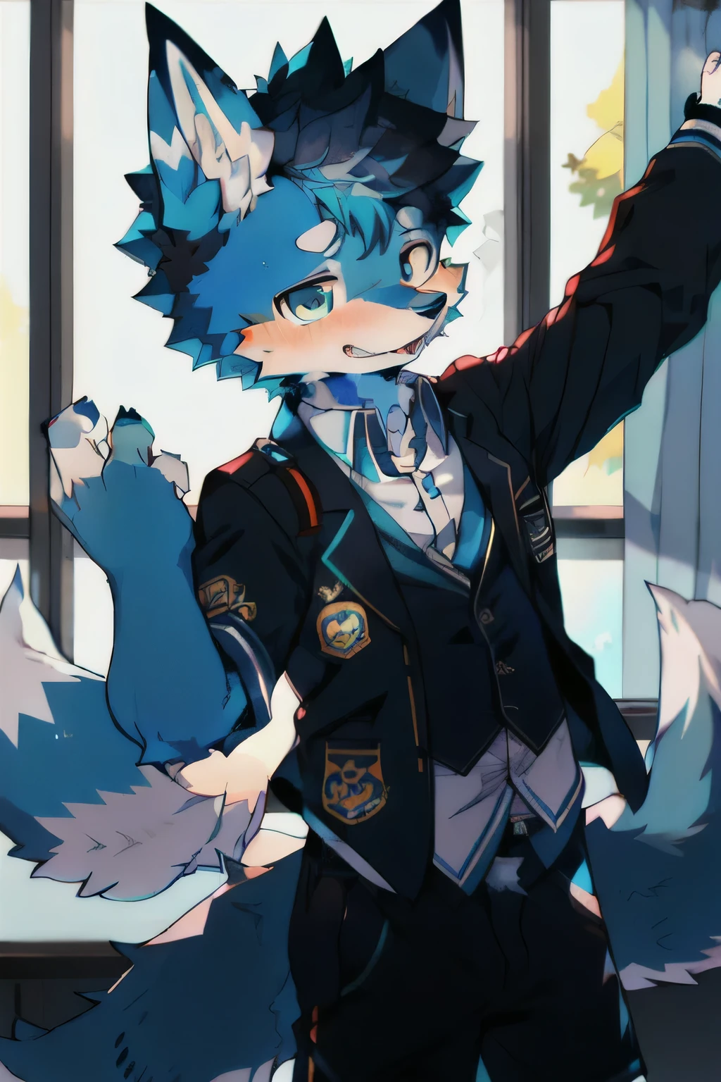 Blue fur, canine, fox motif, boy, uniform, school