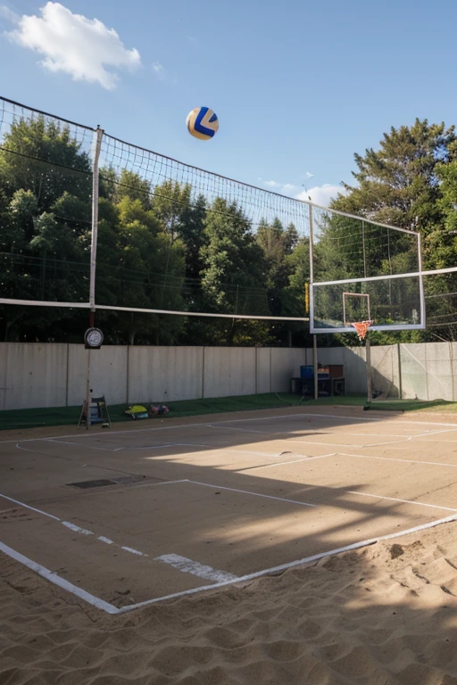 Volleyball court with net with a volleyball ball 
