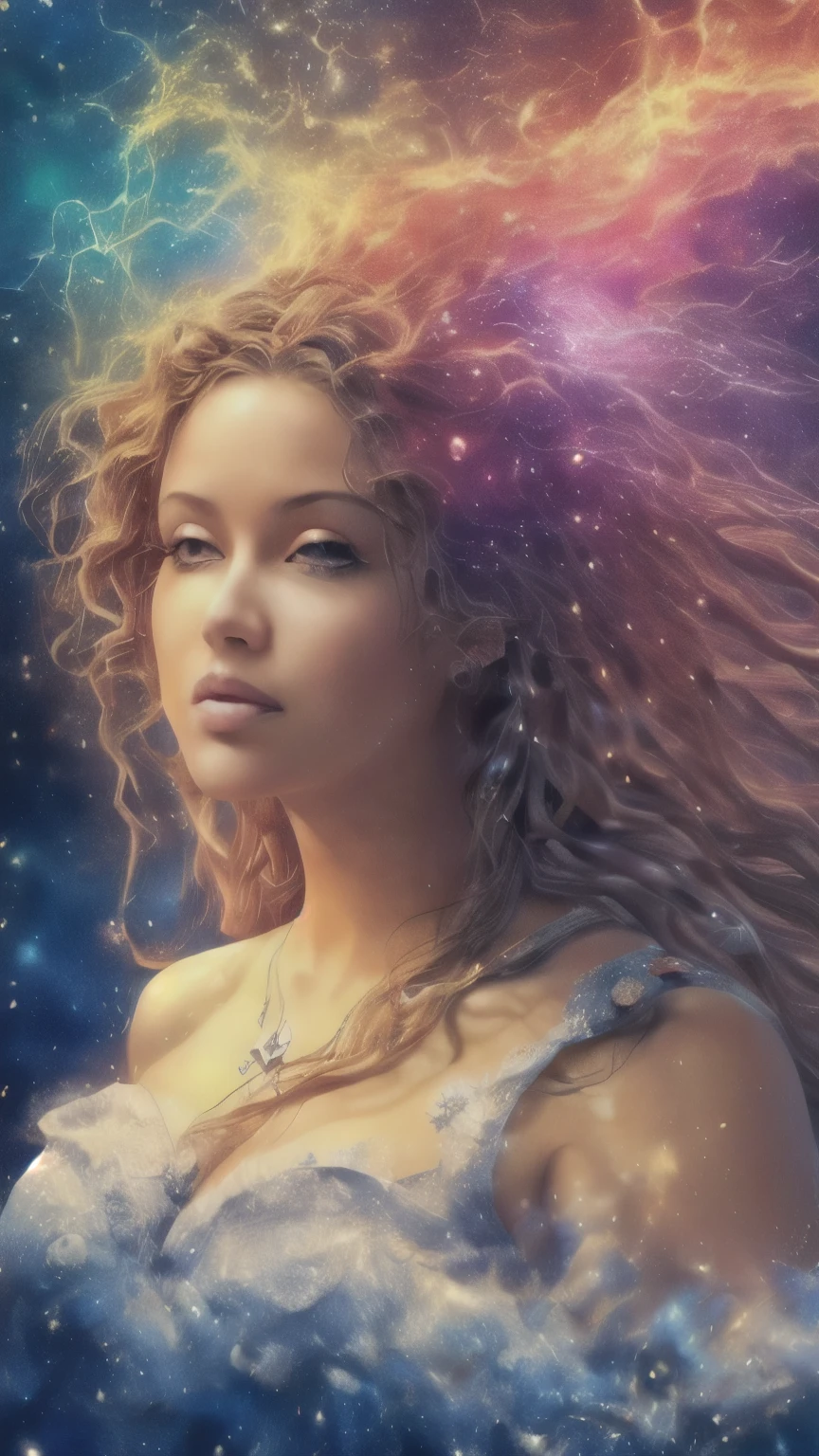 Like a cloud floating above the ocean, an angel descends, a beautiful woman, a detailed face, vibrant and vivid, swirling, twirling, unimaginably spectacular, a scene where a female priest emerges from a shining cloud, threads of a nebula. , cosmic entities, celestial bodies, universe, unrealistic, high contrast, symbolism, magical, mystical, mystical, surreal, supersaturated , colorfully, fluffy