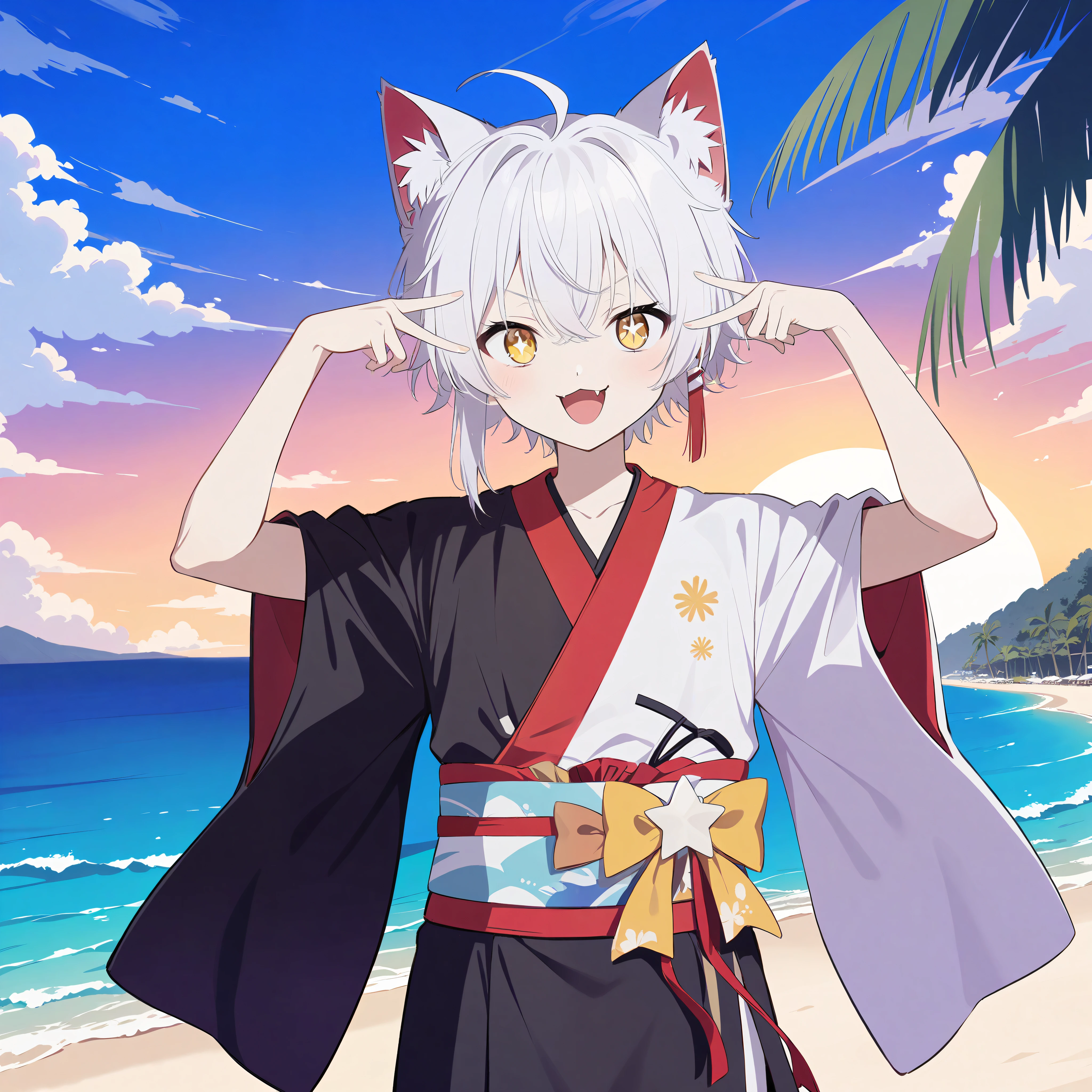 cat_boy,1boy,split color kimono,[(white kimono:1)|(black kimono:1.2)|(red lapel:0.7)],animal ears,white hair, short hair with single long lock,ahoge,yellow eyes,slit pupils, dot nose, looking at viewer,cowboy shot,solo,alone,beautiful background,sea,beach,summer,tree,happy,arms up,adol,oshinokoparody,V,idol,confident,star shaped pupils,