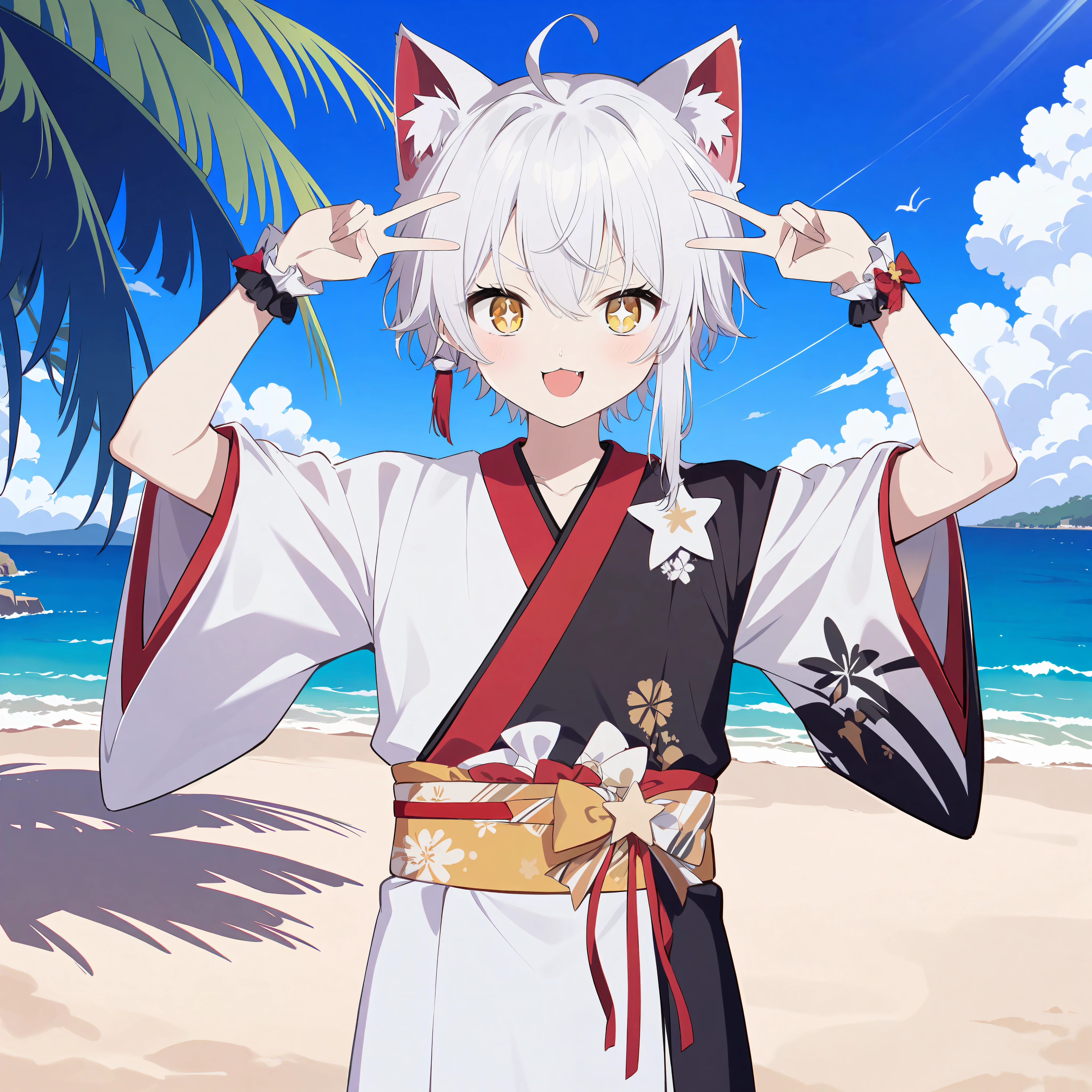 cat_boy,1boy,split color kimono,[(white kimono:1)|(black kimono:1.2)|(red lapel:0.7)],animal ears,white hair, short hair with single long lock,ahoge,yellow eyes,slit pupils, dot nose, looking at viewer,cowboy shot,solo,alone,beautiful background,sea,beach,summer,tree,happy,arms up,adol,oshinokoparody,V,idol,confident,star shaped pupils,