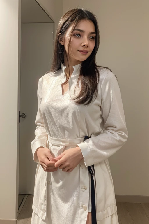 (8k、original photography、quality、masseter membrane:1.2)、super detailed、super resolution、(actual、real picture:1.37)、abortion、HD RAW color photography、Professional photography、hVery detailed and beautiful、Very detailed、8K picture wallpaper、Stunningly detailed、File size huge、official art、HVery detailed CG Unity 8k wallpaper HVery detailed womas、Handsome profile of a 20-year-old woman, Very nice eyes、highly refined skin、Very detailed nose、Very detailed mouth、perfect anatomy、background、detailed clothing、White skin、glitter on the skin、Charming potty、huge 、A black-haired one、full length、a smile、lifelike face、exquisite eyes、sauce order、looking at camera、cowboy shooting、front、standing exercise posture、dynamic lighting