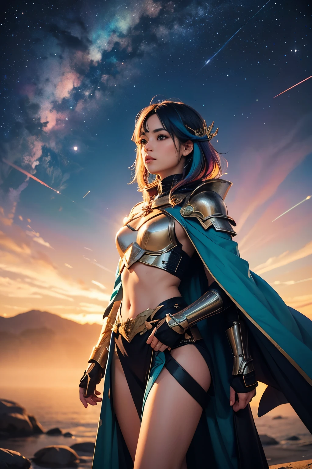 women with rainbow colored hair and teal detailed armor, standing, rainbow colorful cosmic nebula background, estrelas, galaxies, detalhes intrincados, rosto perfeito