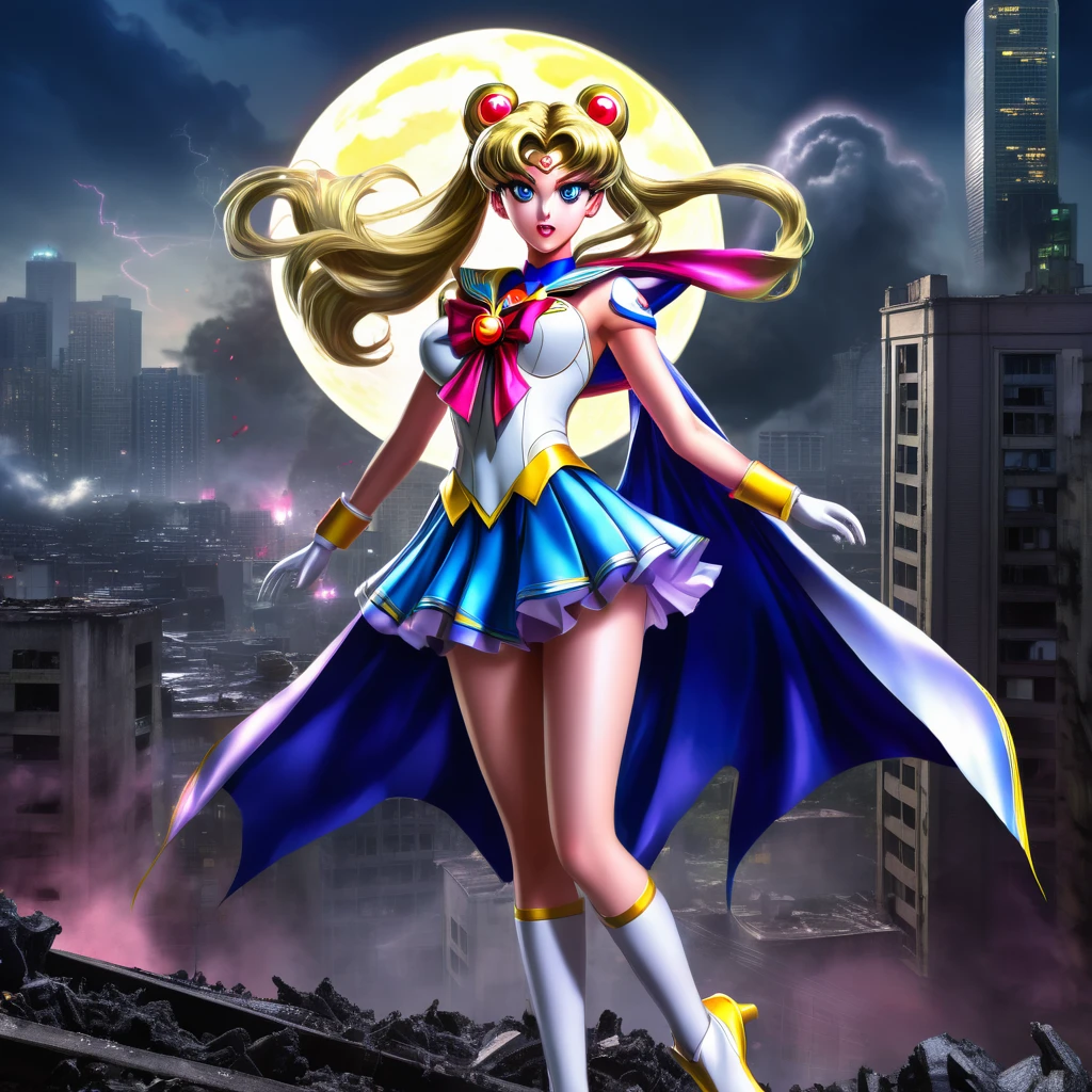 High resolution,Practical,Magical giant Sailor Moon,Tattered,Screams of horror,escape,Godzilla,Tokyo was hit hard,Desolate cityscape,Destroyed buildings,Giant monsters,Destroyed streets,Crumbling skyscrapers,Smoke,Panicked crowd,Flashing street lights,Moonlit Night,distant alarm,Thunder roars,Ominous atmosphere,Doomsday scenario,dystopian background,expressive eyes,Flowing hair,Heroic Stance,Dynamic movement,Operation Moon Tiara,Moon Power,Vibrant colors,majestic light,Highlight the details,epic confrontation,Concrete fragments,An expression of fear,victorian inspired clothing,Thin cape,Superhuman speed,Heart-pounding chase,Unleashing the Power,The city is in chaos.