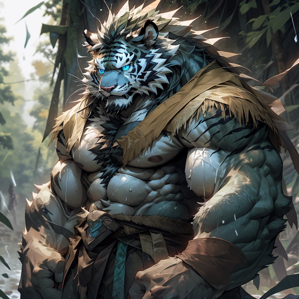 sweaty muscular naked upper body rainy rain forest hairy anthropomorphic chest hair serious face（Scar on face） Mature （Blue eyes）Huge muscular ripped abs wild，The tiger chief of the tribe