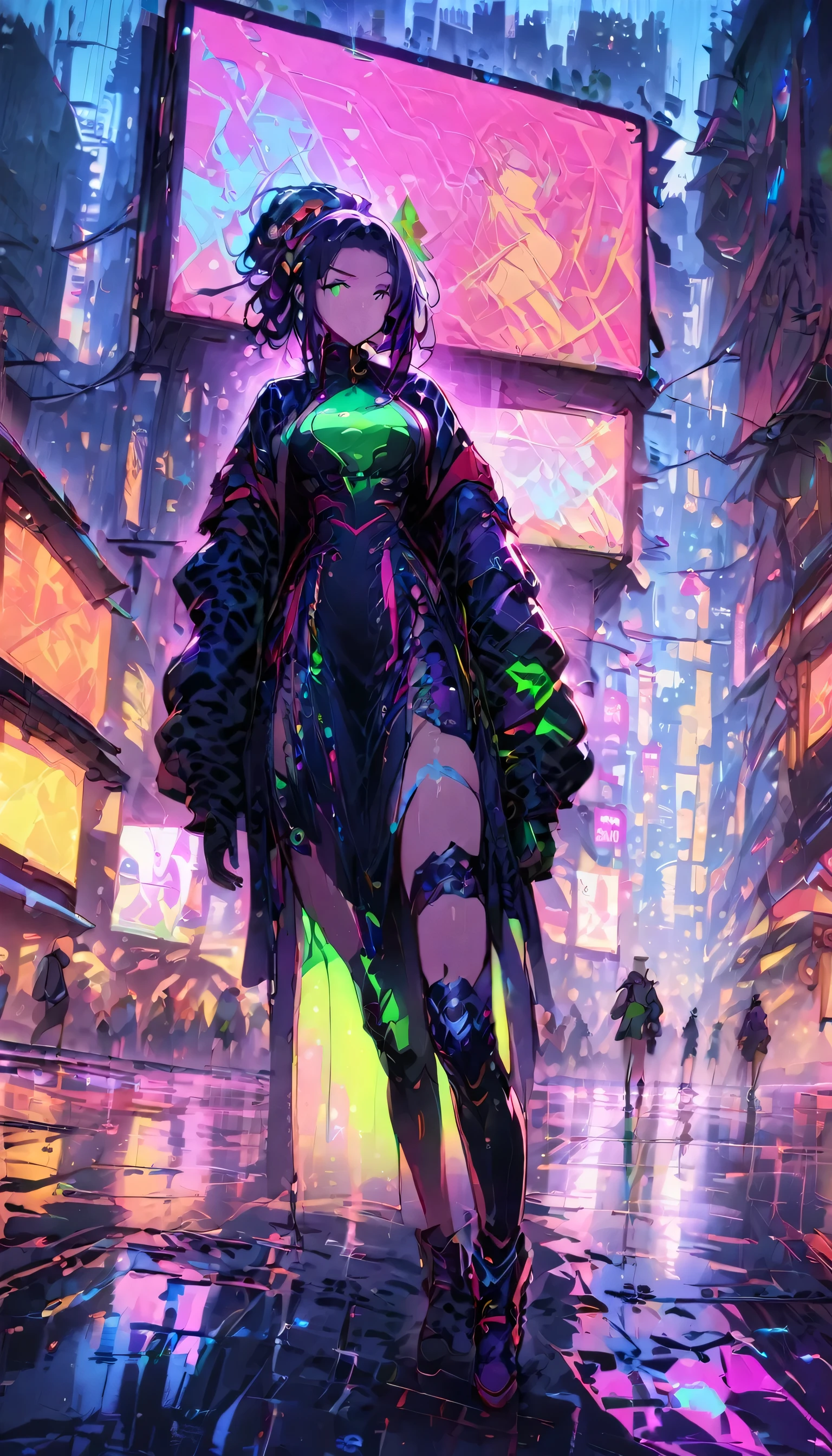 (melhor qualidade), (Ultrafino), (Obra de arte), illustration, A girl Chinese costume ciberpunk, （ciberpunk，Roupas chinesas，cybernetic implants），looking at the camera,Hair accessories, Cores brilhantes，dynamic lighting，luzes de neon，Skyline brilhante da cidade，Holographic projection，roupas da moda do futuro，A combination of traditional elements and modern avant-garde makeup，Penteado requintado，confidence and determination，ambiente da cidade，aguaceiro，Reflections on the feeling of slippery roadechanical armor, beautiful accessories，produtos de alta tecnologia，Impressive cyber enhancements，foco claro，incredible details;, Overclocked rendering, cinematic edge light, luz fina, Obra de arte, super detalhes, epic work, ultra high definition, alta qualidade, 32k