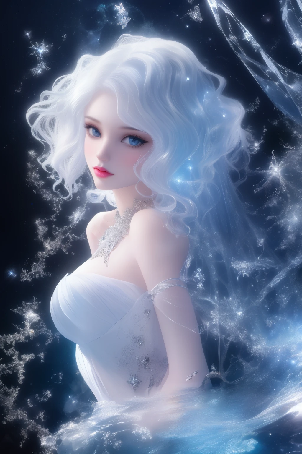 Painting of a beautiful young woman., Mysterious Waves at Night. 3D. White,. The beauty of the melting universe. Surrealism in Nebula Reflections. Glass texture,translucent,crystal