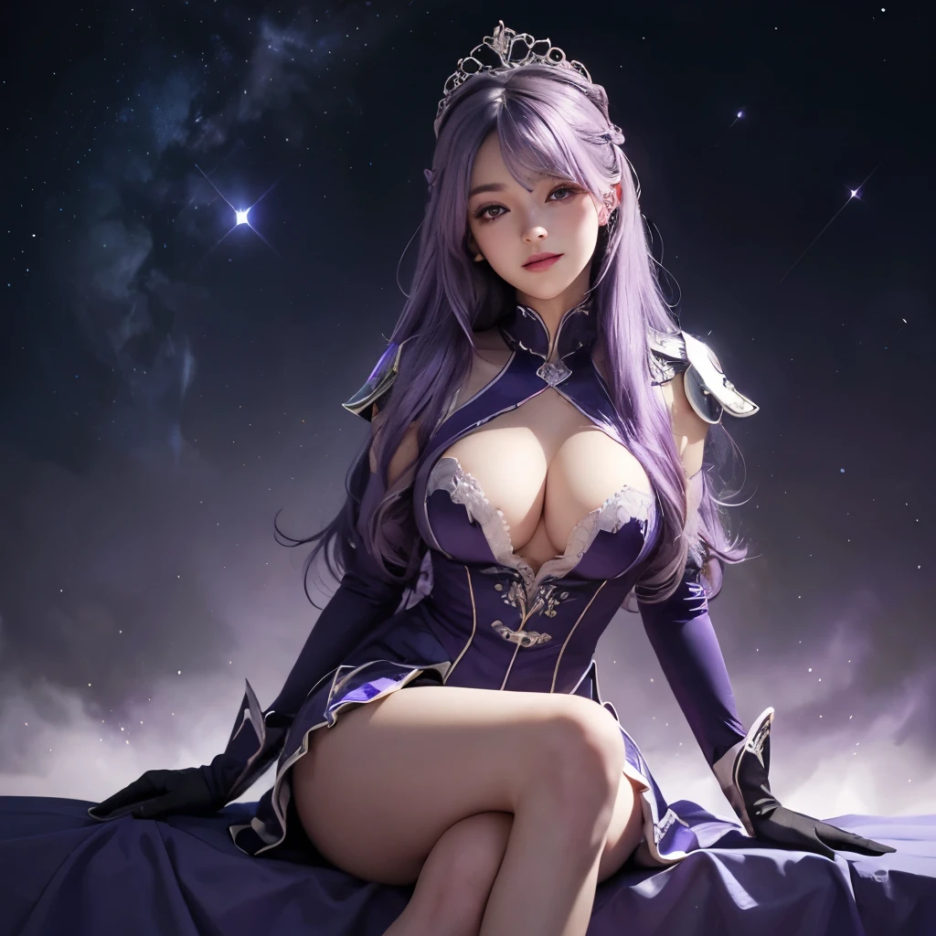 Girl, silver and violet uniform, violet hair, wear tiara, wear glove, detailed hand, round face, detailed face, parted lips, smile, picture form top to knee, sexy pose, big chest, look at camera, camera from top to bottom, detailed, photorealistic, best quality, night sky background
