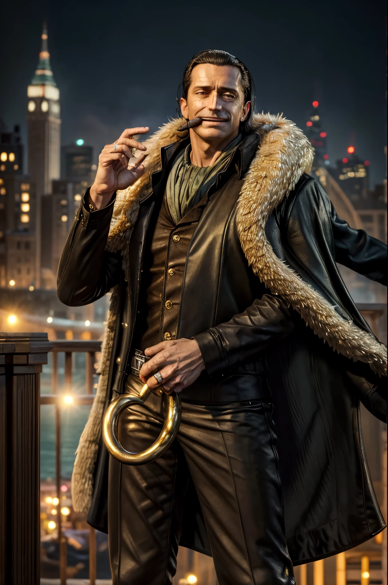 masterpiece, best quality, extremely detailed, hyperrealistic, photorealistic, a cool 40s man, ultra detailed face:1.2, fur-trimmed coat, scarf around the neck, his left hand is a golden pirate hook, cigar, in the night, city, bridge, river,, sly smile, dynamic pose