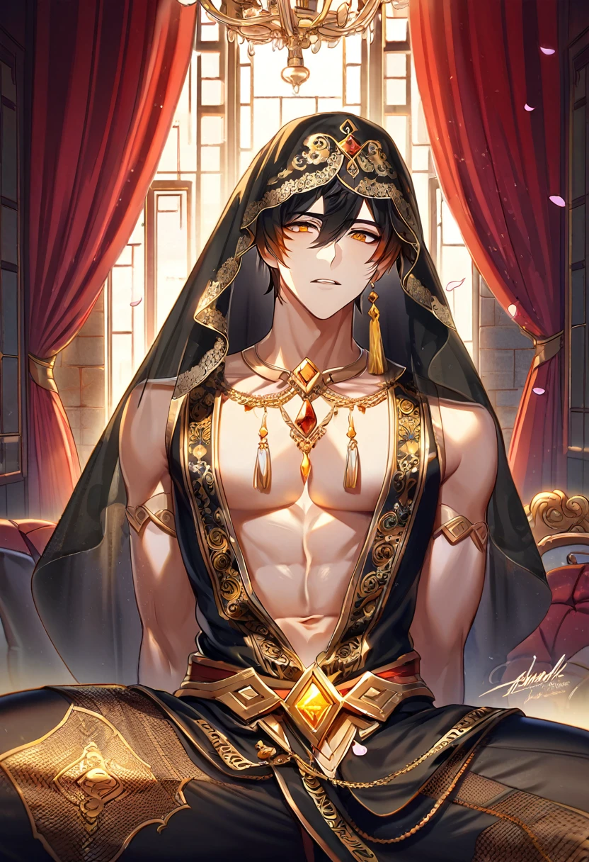 absurdres, highres, ultra detailed, HDR, master piece, best quality, perfect face, beautiful eyes, delicate features, Zhongli, black hair, expressive yellow eyes, Genshin Impact, solo, sexy man, handsome, horny, erotic, bedlah clothes, black veil, black pants, window, castle, red curtains, petals, chandelier