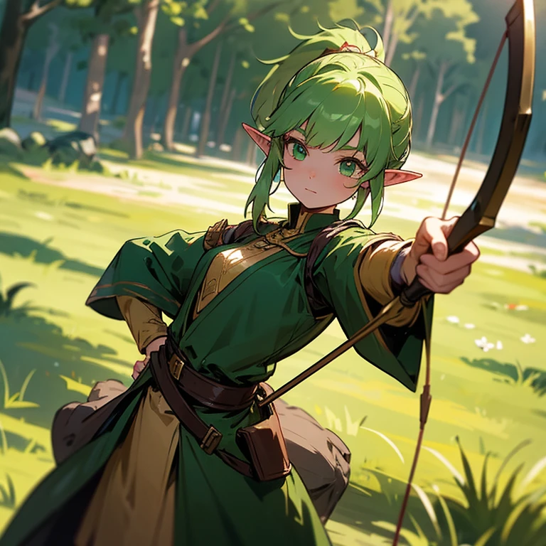 Elf in RPG game, Adventurer, woman, , Young appearance, With golden metal bow, Archer, Draw the bow, Aim for the target, Green Hair, ponytail, Green Eyes, Golden decoration, No frame, Right facing, Forest Background