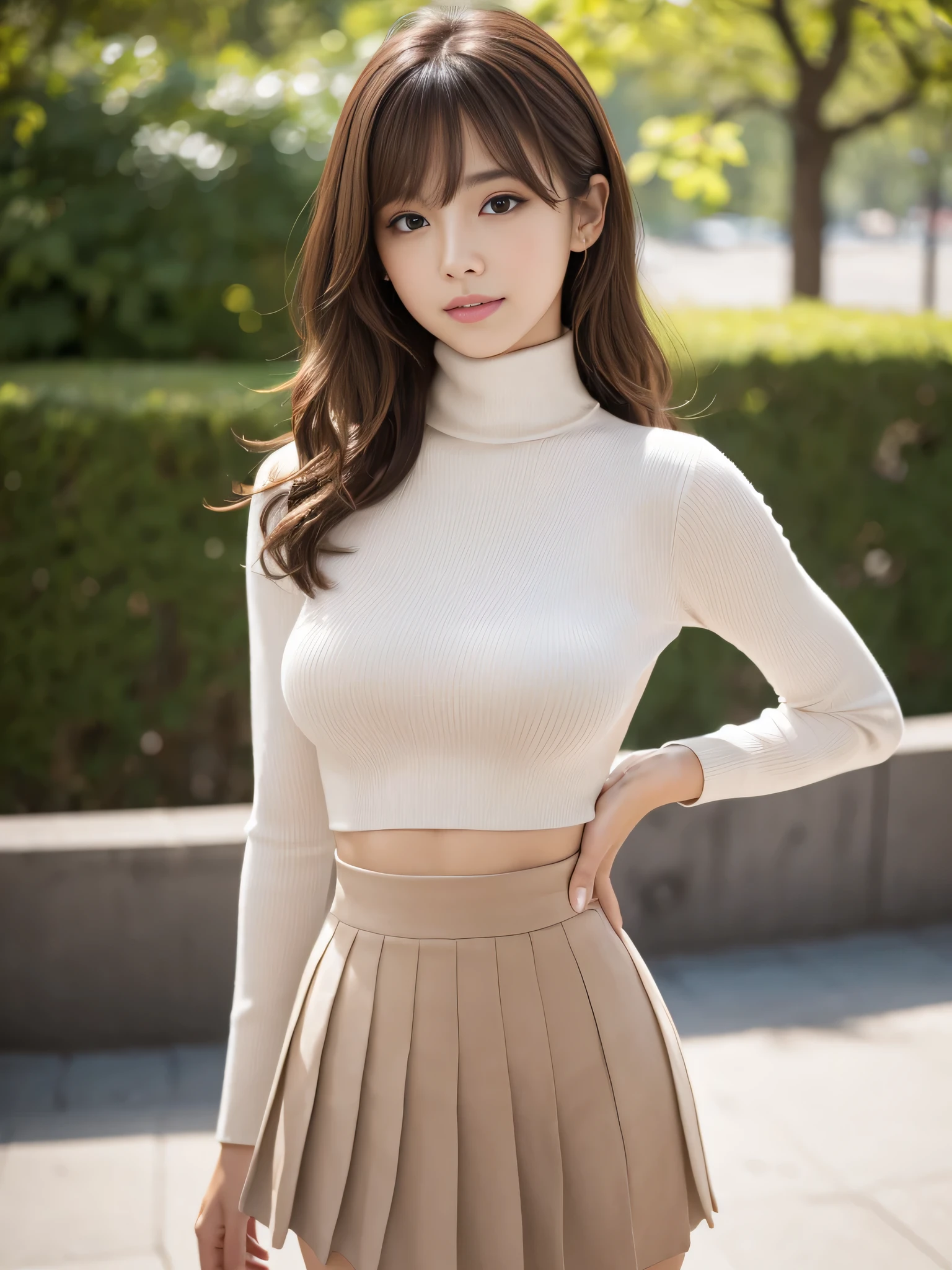 (Detailed skin:1.2),(Shiny skin:1.1),8k,highest quality, masterpiece, Ultra-high resolution,(Realistic:1.4), RAW Photos,(Soft Saturation:1.3),(Fair skin:1.2),1 Japanese Idol,fix,20 years, Brown Hair, Medium Hair, Asymmetrical Hair, Wavy Hair, Asymmetrical bangs
(Pretty face:1.4), (Big Breasts, Tight waist), Beautiful lighting, Small Head,
(High Waist Mini Pleated Skirt:1.2, Short turtleneck knit:1.2, Korean Fashion:1.2), (Belly button:1.2, Slim Abs), Highly detailed face, Highly detailed lips, Fine grain, double eyelid, smile, Full Body Shot, Browsing Caution, Sharp focus: 1.2, Beautiful woman with perfect figure: 1.2、Random sexy poses