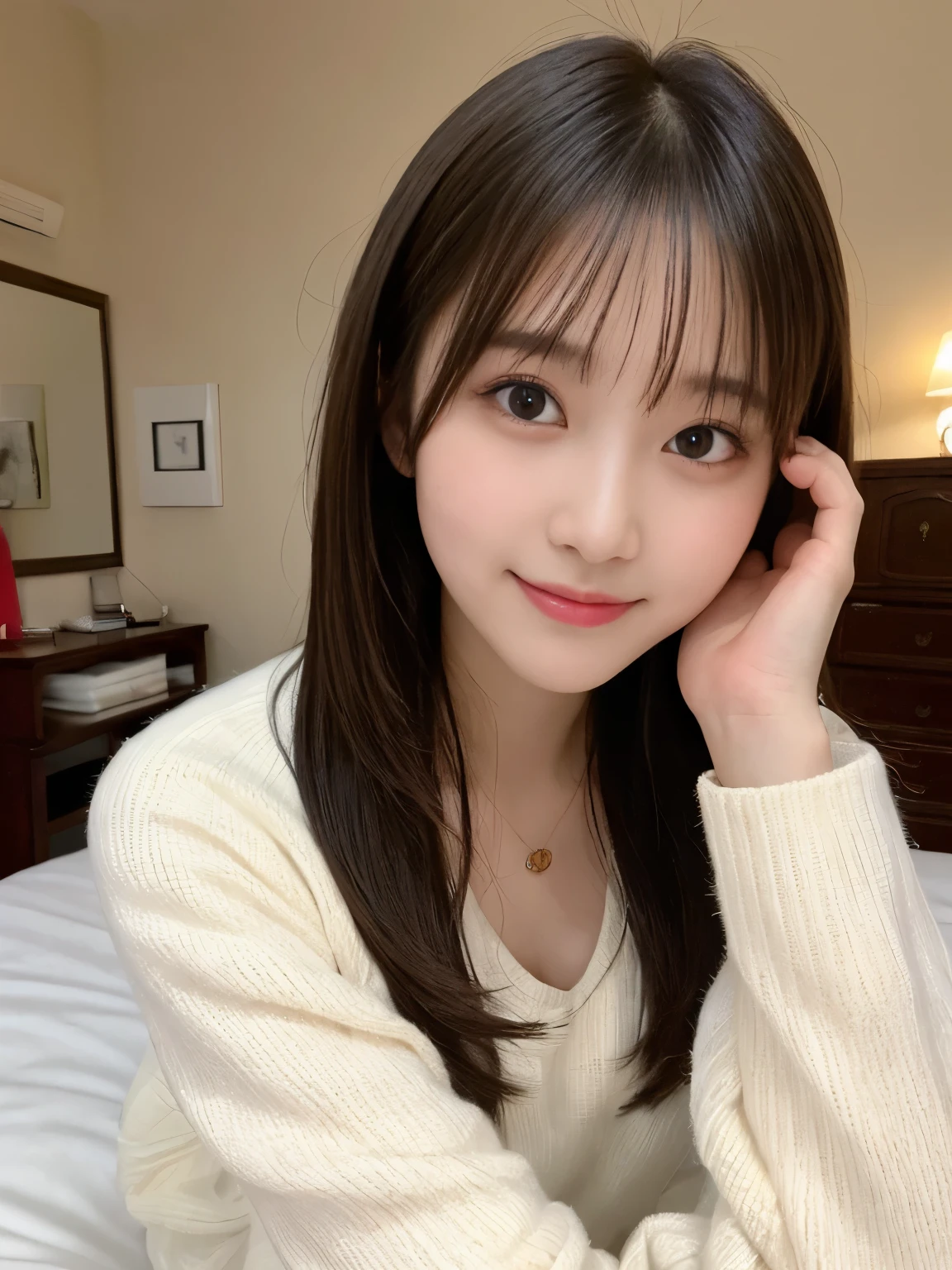 table top, highest quality, figure, super detailed, finely, High resolution, 8k wallpaper, Perfect dynamic composition, beautiful and fine eyes, white fluffy winter clothes, medium hair, natural color lip, bold sexy pose, smile, mansion(room, Bed), 20 year old girl, cute, sexy shot, looking at camera, perfect and beautiful face, Take a close-up photo of your face, Take only the face,