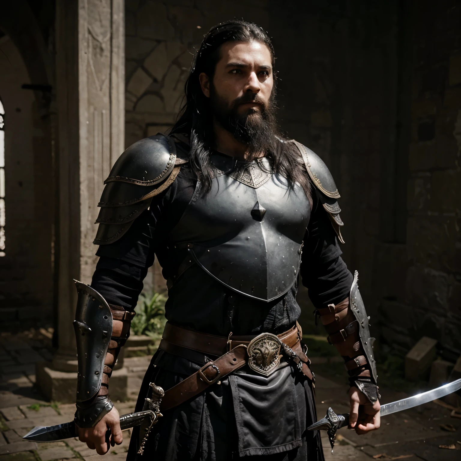 a man, warrior, dirty black hair and beard, dark fantasy, detailed black armor, large sword