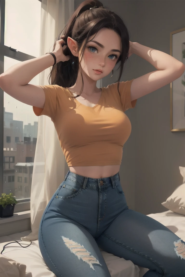 (elf girl), master piece, blushing, freckles, wide hips, slim waist, thick thighs, masterpiece, best quality, sfw, mature 36 year old woman, brown hair, moist face, wavy hair, mouth open, shiny. lips, beutiful round eyes, black tshirt, tight jeans, inside city apartment, raining outside, rainy day, navy rain, inside, sitting on bed next to window, nightime, raindrops on window, dark out, mood light, soft lap light, cozy mood, Lofi astetic, the scene emulates an immense feeling of comfort and safety, modern cityscapes, skyscraper nightlights visable through window, midnight, completely dark out, high waist jeans, tight pants, ripped jeans, (large thigh rip on jeans), orange lighting, orange moodnlight, Beautiful eyes, the most beautiful eyes youve ever seen, shiny thighs, (extremely ripped jeans), camel toe, hands on head, arms up, pointy ears, dark room, extremely dark bedroom, short sleeve, cleavege, ponytail