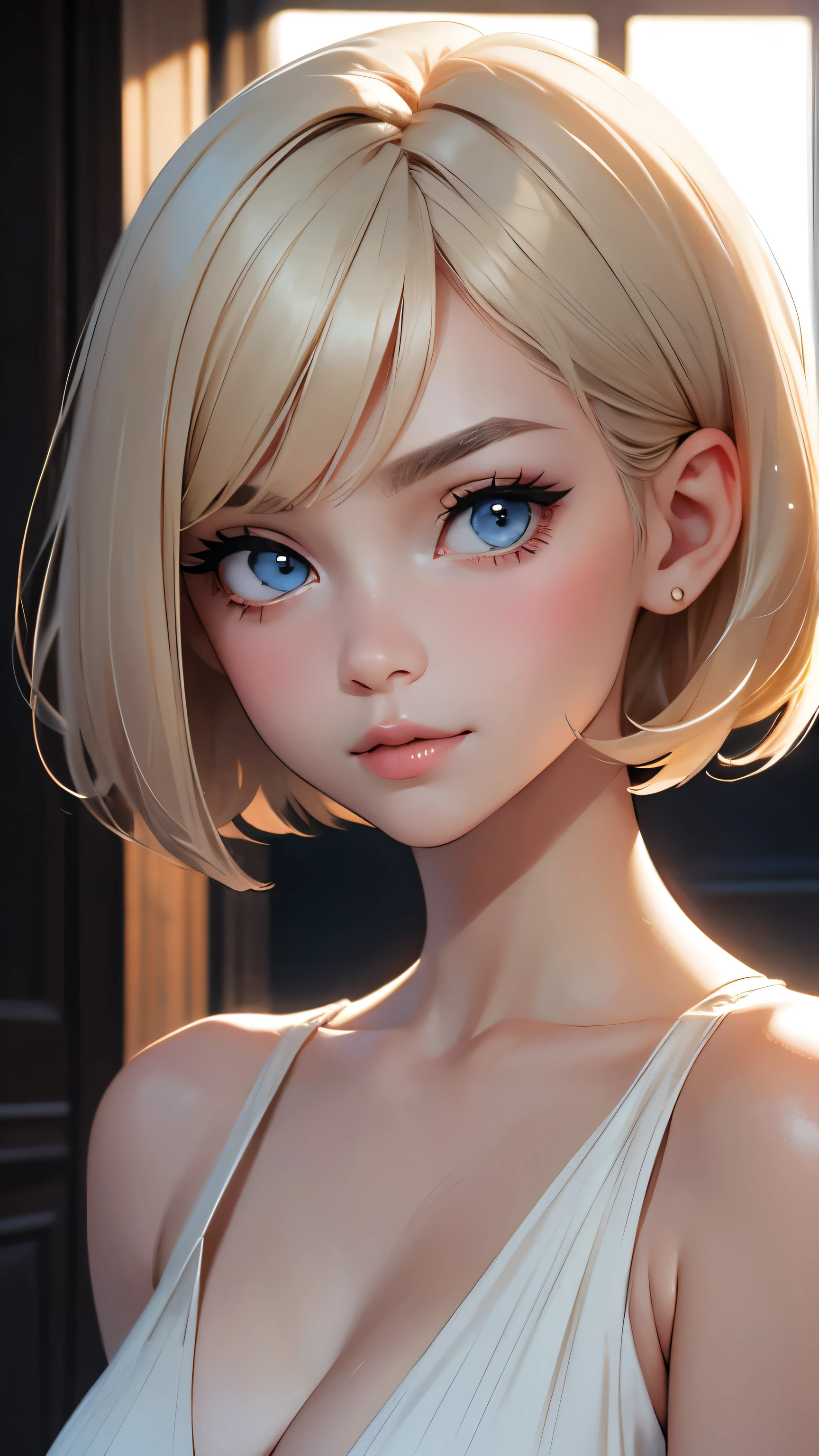 short hair, Short hair with bangs, Woman with pretty face,Cute little face, French Bob, White skin, Short brown hair and big eyes, Full body portrait shot 8k, Beautiful light、Big eyes, Beautiful woman, Young woman with bob cut, Full Shot,Best image quality,