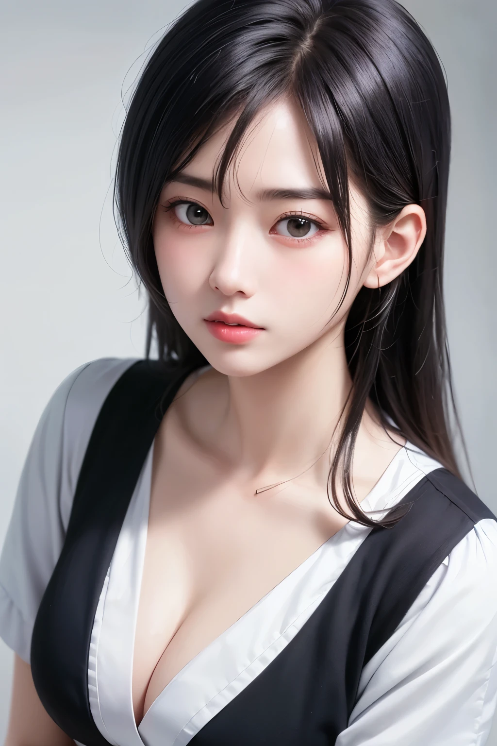 (1 nogizaka girl,raw photo,photo realistic:1.5),(best quality, high quality,HDR, highest quality,ultra high resolution,high resolution,high res,ultra high difinition,huge file size,8K,2K wallpaper,8K wallpaper,high quality texture,amazing,an extremely delicate:1.4),one girl, Japanese famous idol,beautiful face,small face,absurd,ridiculous,incredibly ridiculous,portrait,breasts close up,blurry background,(nurse uniform,cleavage,no makeup:1.2),medium skin,beautiful skin,detailed skin,small head,black hair,silky hair,(Japanese eyes:1.3),detailed eyes,black eyes,Japanese idol eyes,perfectly propotioned face,Japanese nose,5-fingers,(Light Particles, Lens Flare, Luminous Particles: 0.7),looking at viewer,bright lighting,professional lighting,girl