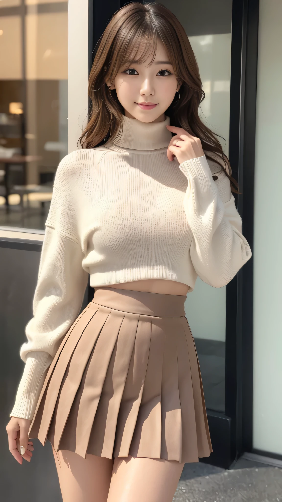 (Detailed skin:1.2),(Shiny skin:1.1),8k,highest quality, masterpiece, Ultra-high resolution,(Realistic:1.4), RAW Photos,(Soft Saturation:1.3),(Fair skin:1.2),1 Japanese Idol,fix,20 years, Brown Hair, Medium Hair, Asymmetrical Hair, Wavy Hair, Asymmetrical bangs
(Pretty face:1.4), (Big Breasts, Tight waist), Beautiful lighting, Small Head,
(High Waist Mini Pleated Skirt:1.2, Short turtleneck knit:1.2, Korean Fashion:1.2), (Belly button:1.2, Slim Abs), Highly detailed face, Highly detailed lips, Fine grain, double eyelid, smile, Full Body Shot, Browsing Caution, Sharp focus: 1.2, Beautiful woman with perfect figure: 1.2、Random sexy poses
