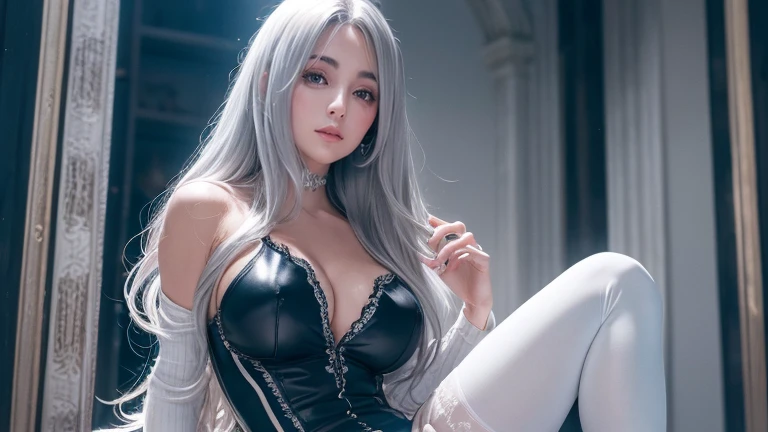 Dream atmosphere, ultra-detailed, young silver-haired girl (Sharon Tate), pale-gray hair (with hair fringe), very sensual, light eyes, bright pale skin, realistic shadows, in tight gothic clothes, big , thick legs, Wearing extremely tight black panantyhose,ing a mini blouse, textures realistic, very realistic, extremely sexy, 8K, 8K exmely detailed), (an extremely delicate and beautiful), (masterpiece), (best quality: 1.0), (ultra high resolution: 1.0)