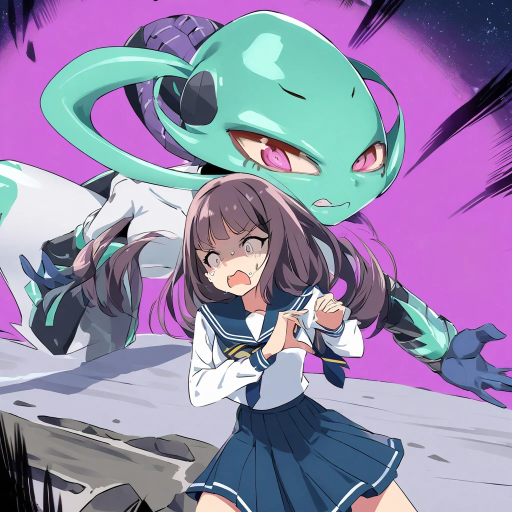 Cryptic Girl is in heart themed battle armor striking an action pose, her confused and scared companion Amy s a Malaysian woman dressed in a sailor school outfit. Set on an alien world