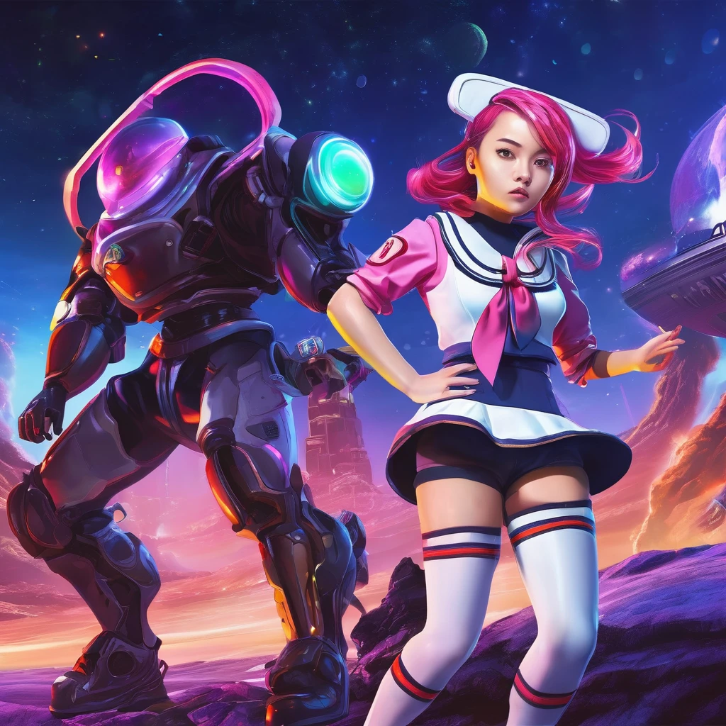 Cryptic Girl is in heart themed battle armor striking an action pose, her confused and scared companion Amy s a Malaysian woman dressed in a sailor school outfit. Set on an alien world