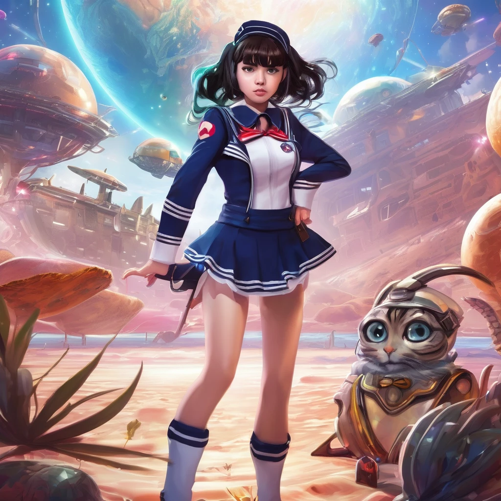 Cryptic Girl is in heart themed battle armor striking an action pose, her confused and scared companion Amy s a Malaysian woman dressed in a sailor school outfit. Set on an alien world