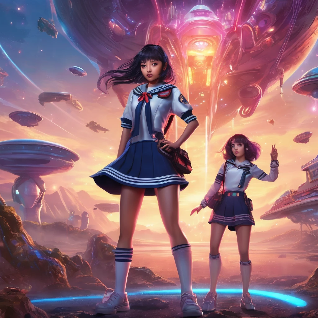 Cryptic Girl is in heart themed battle armor striking an action pose, her confused and scared companion Amy s a Malaysian woman dressed in a sailor school outfit. Set on an alien world