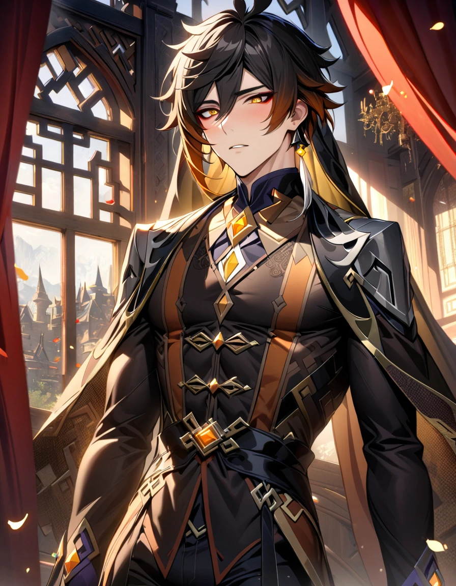 absurdres, highres, ultra detailed, HDR, master piece, best quality, perfect face, beautiful eyes, delicate features, Zhongli, black hair, expressive yellow eyes, Genshin Impact, solo, sexy man, handsome, horny, ??????, bedlah clothes, black veil, black pants, window, castle, red curtains, petals, chandelier